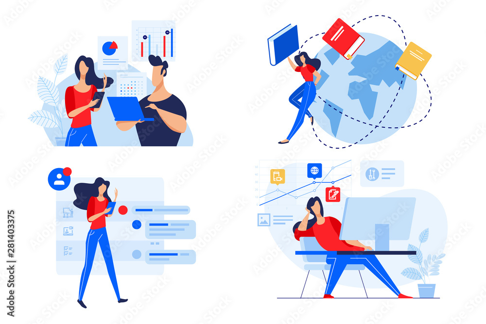 Flat design concept of staff education, training and courses, online education. Vector illustration for website banner, marketing material, presentation template, online advertising. Flat design concept of staff education, training and courses, online education. Vector illustration for website banner, marketing material, presentation template, online advertising.