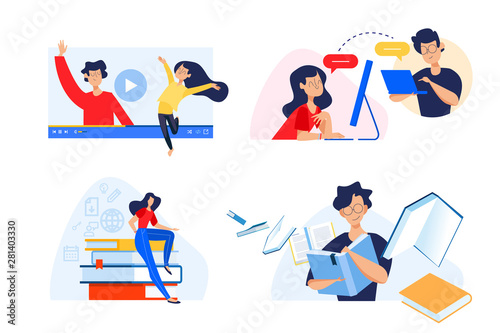 Flat design concept of video tutorials, e-book, e-learning, virtual classroom. Vector illustration for website banner, marketing material, presentation template, online advertising.