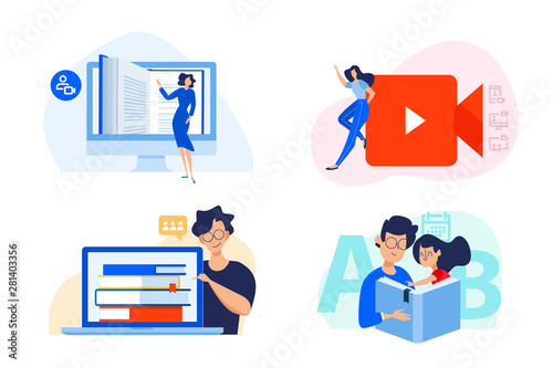 Flat design concept of distance education, video tutorials, e-learning and online class. Vector illustration for website banner, marketing material, presentation template, online advertising.