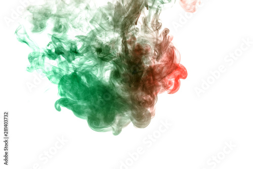 Paint stain mixed in green and red on a white background.