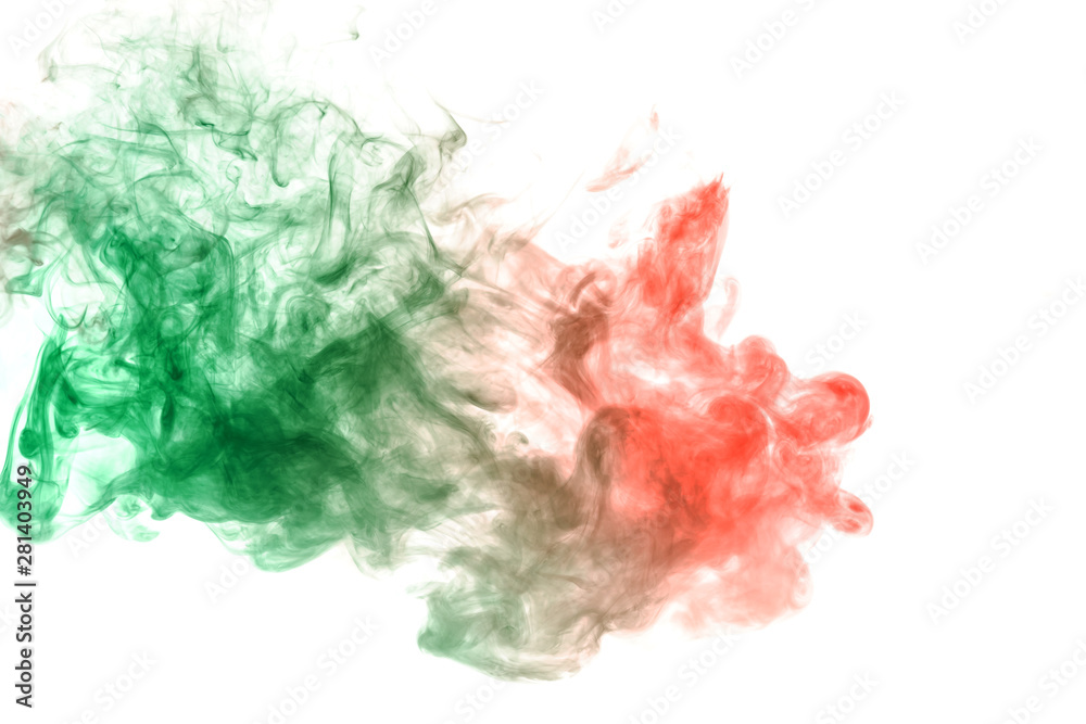 Two spots of green and red color connecting with each other on a white background