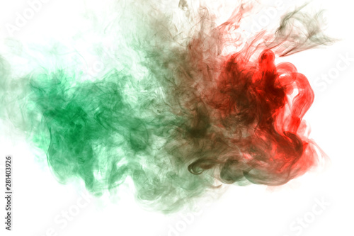 Red thick substance is wrapped in green smoke on a white background. Print on clothes.