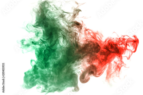 Two abstract creatures of different colors  green and red fighting on a white background