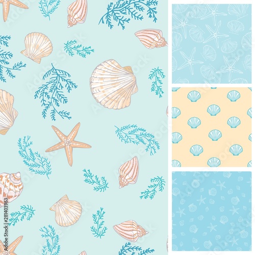 Set of marine and nautical backgrounds in navy blue and white colors. Sea theme. Cute seamless patterns collection. Vector illustration.