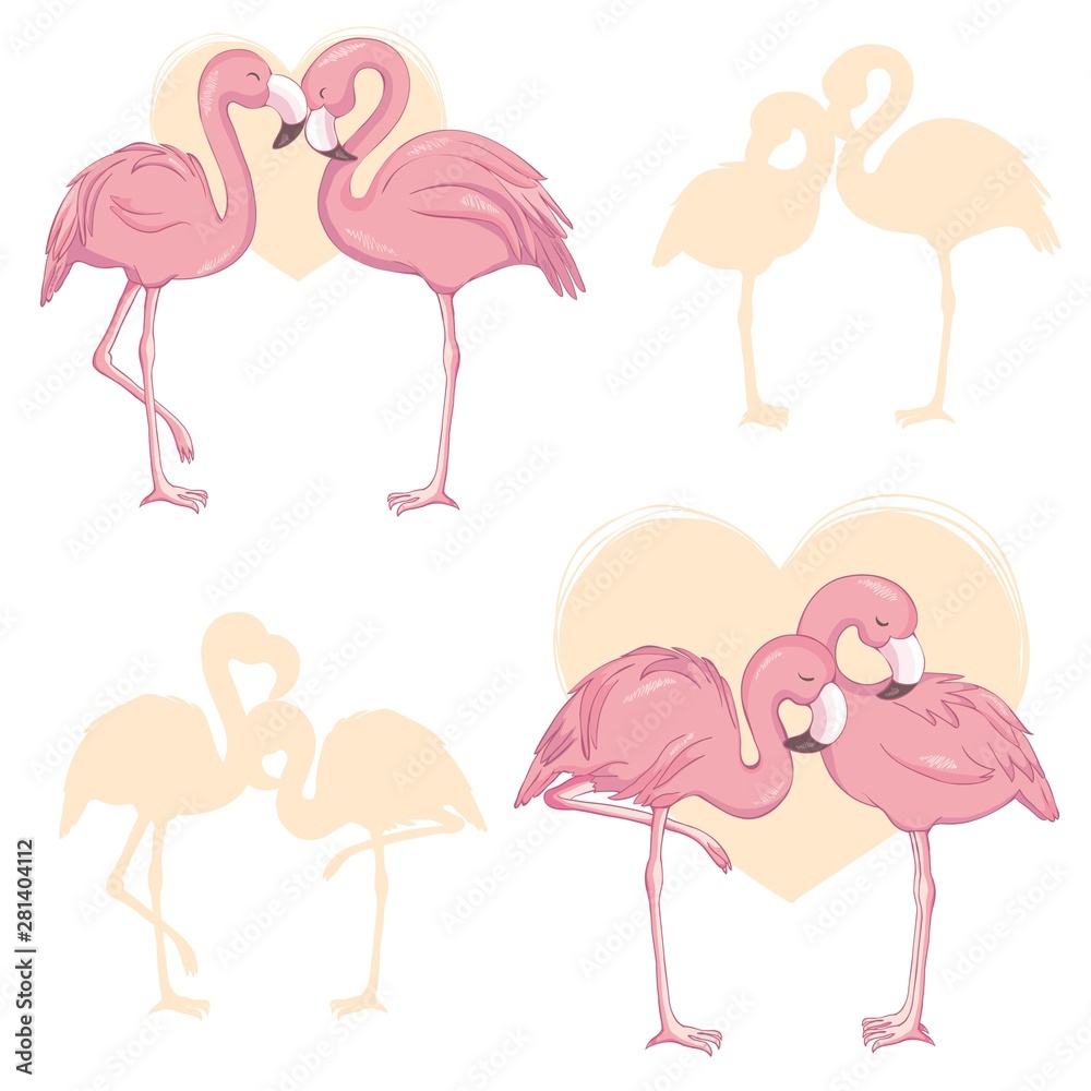 Fototapeta premium Pink flamingo vector cartoon flat set. Exotic tropical bird icons collection isolated on white background.