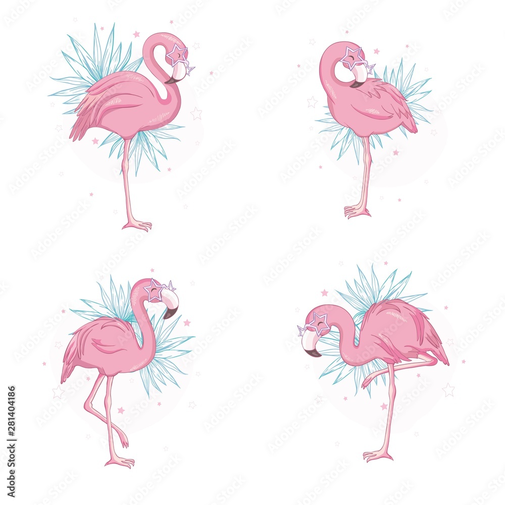Fototapeta premium Pink flamingo vector cartoon flat set. Exotic tropical bird icons collection isolated on white background.