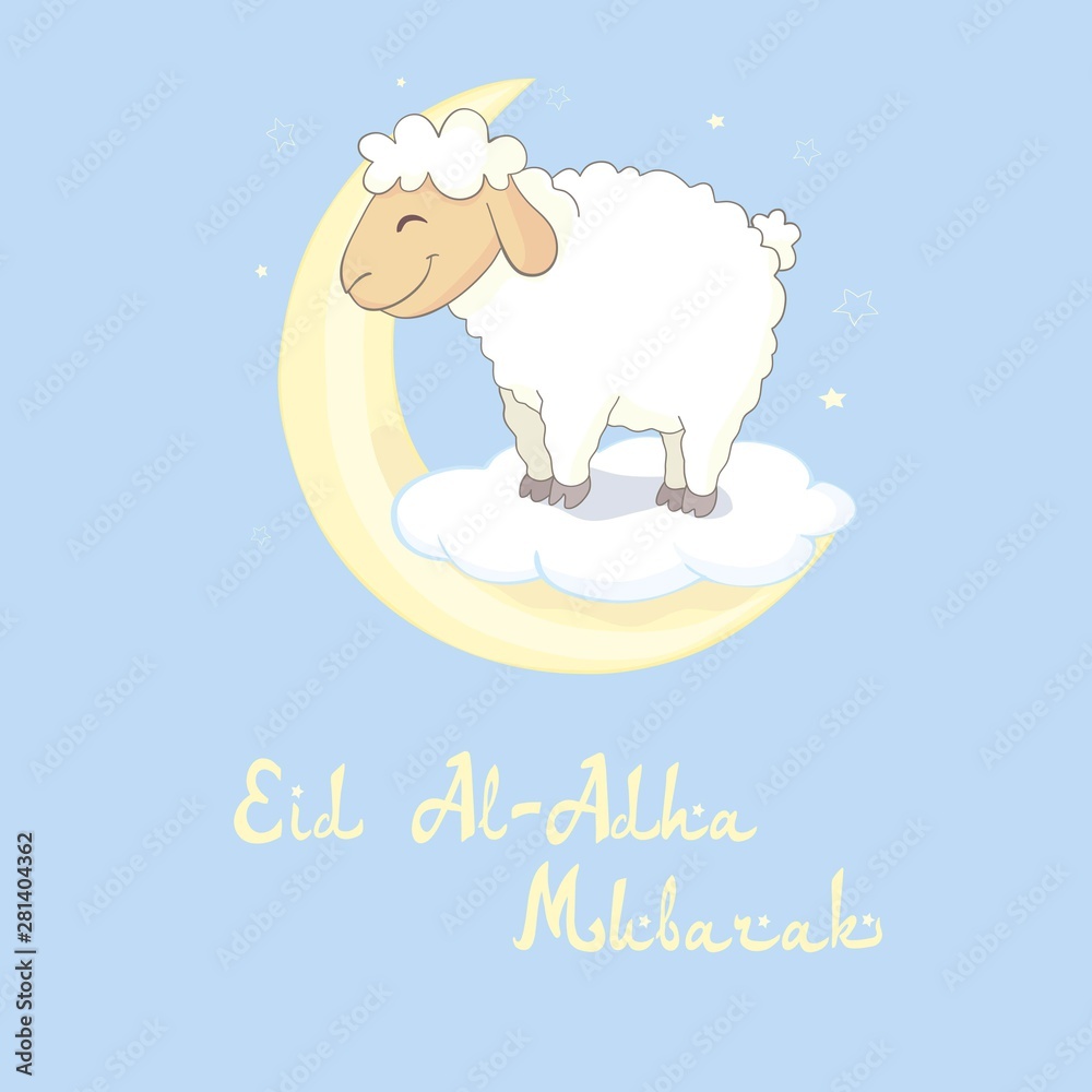 vector illustration. Muslim holiday Eid al-Adha. the sacrifice a ram or white and black sheep. graphic design decoration kurban bayrami. month lamb and a lamp.Translation from Arabic: Eid al-Adha vector illustration. Muslim holiday Eid al-Adha. the sacrifice a ram or white and black sheep. graphic design decoration kurban bayrami. month lamb and a lamp.Translation from Arabic: Eid al-Adha