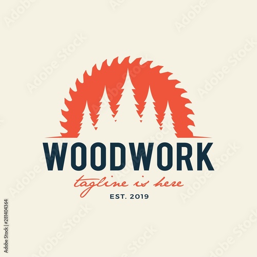 Sawmill emblem logo vector for carpentry, woodworkers, lumberjack, sawmill service.Isolated on white background
