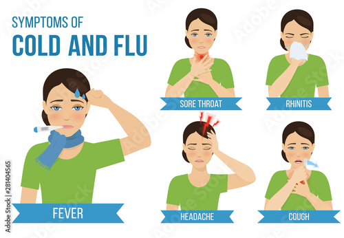 Symptoms of cold and flu - fever, cough, runny nose, sore throat, headache. Vector