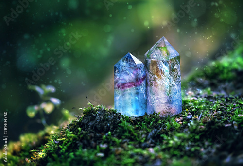 excellent minerals towers close up on mysterious natural background. fluorite quartz gemstones for Magic healing Crystal Ritual, Witchcraft. spiritual esoteric practice for soul relax. Reiki therapy