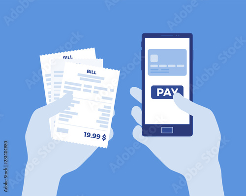 Digital bill for mobile payment. Consumer holding in hands smartphone and check to pay for online goods, products, support, service, content. Quick easy process. Vector illustration