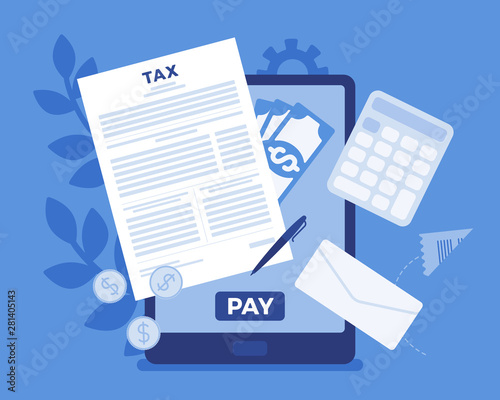 Online tax payment via tablet. Electronic service for taxpayers to pay individual income and business taxes, convenience e-Payment facilitates, mobile system. Vector flat style cartoon illustration