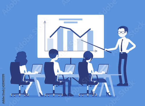 Business presentation and briefing in the office. Demonstration, lecture to present new idea, annual speech to inform, inspire and motivate company employees. Vector illustration, faceless characters