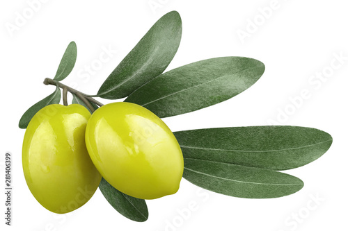 Olive branch with two delicious green olives, isolated on white background photo