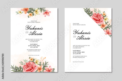 Wedding invitation card with flowers and leaf watercolor