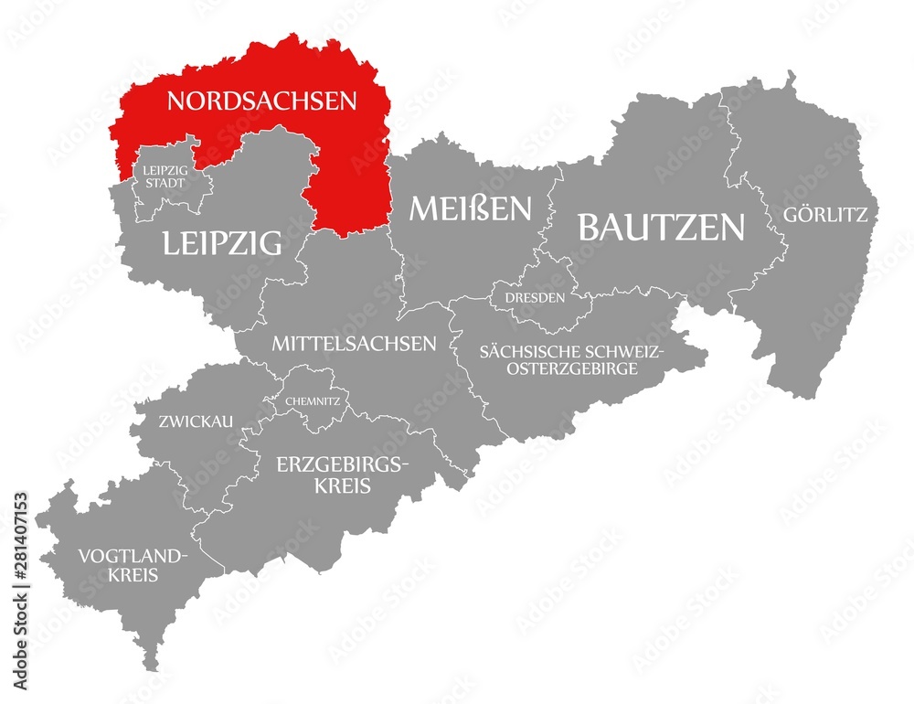 Nordsachsen red highlighted in map of Saxony Germany DE
