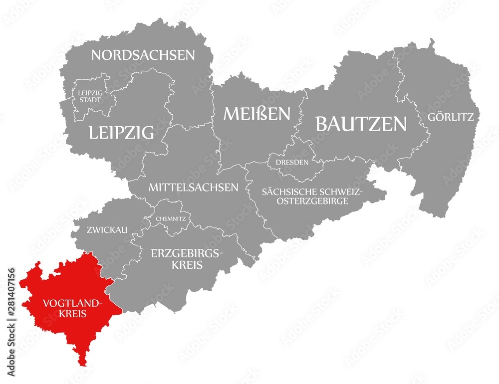 Vogtlandkreis red highlighted in map of Saxony Germany DE