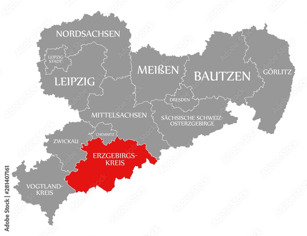 Erzgebirgskreis red highlighted in map of Saxony Germany DE