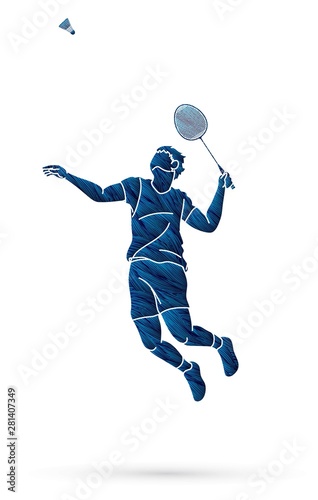 Badminton player action cartoon graphic vector.