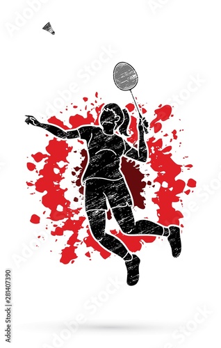 Badminton player action cartoon graphic vector.