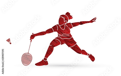 Badminton player action cartoon graphic vector.