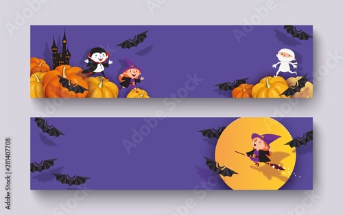Happy Halloween 3d papercut design. Pumpkin, witch, castle, vampire, bat, mummy