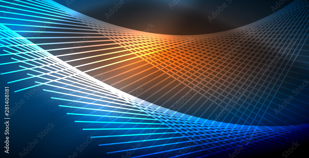 Fototapeta premium Neon glowing techno lines, blue hi-tech futuristic abstract background template with lights