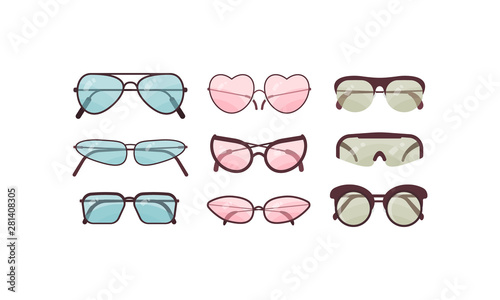 Accessory sun spectacles vector set. Collection of colorful sunglasses. Summer eyeglasses.