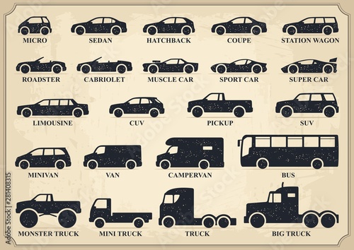 Car type icons set. Vector black vintage illustration