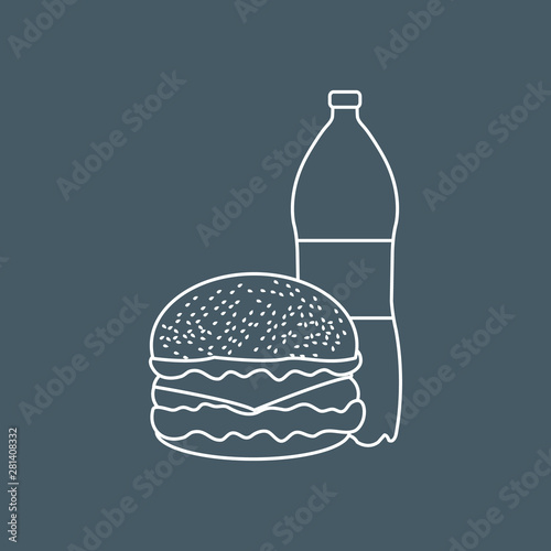 Burger and bottle of soda water.