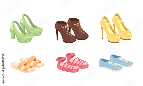 Set of woman shoes vector icons isolated on white background. Fashion footwear design collection.