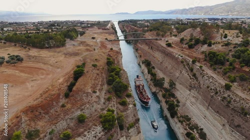 Corinth canal, ship passes a canal, drone shutting, Greece photo