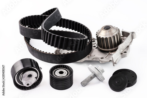 Bild auf Leinwand Kit of timing belt with rollers and pump on a white background