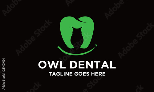 Owl and dental logo - vector illustration. Emblem design on black background