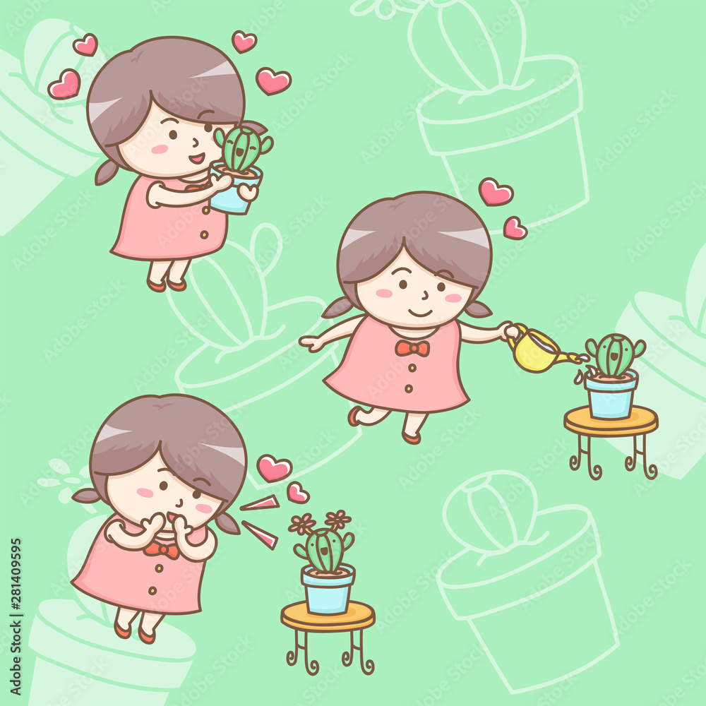 Design elements vector cartoon character of lovely girl growing and giving love to her cactus plant. Kawaii girl planting cactus cartoon character design. Design elements vector cartoon character of lovely girl growing and giving love to her cactus plant. Kawaii girl planting cactus cartoon character design.