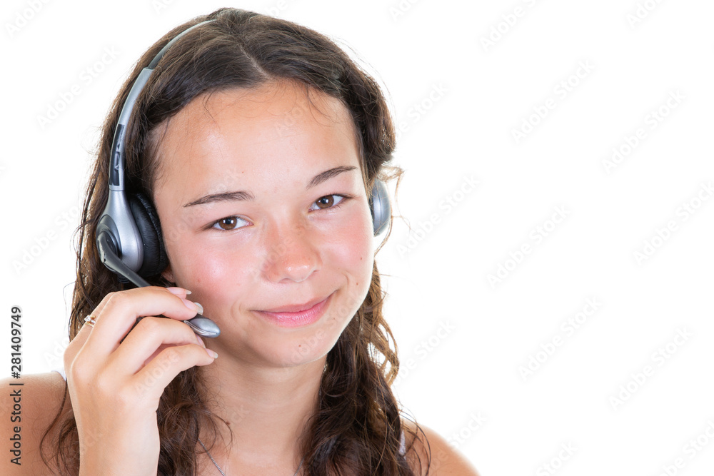 call center support phone young woman operator in headset on white background call center support phone young woman operator in headset on white background