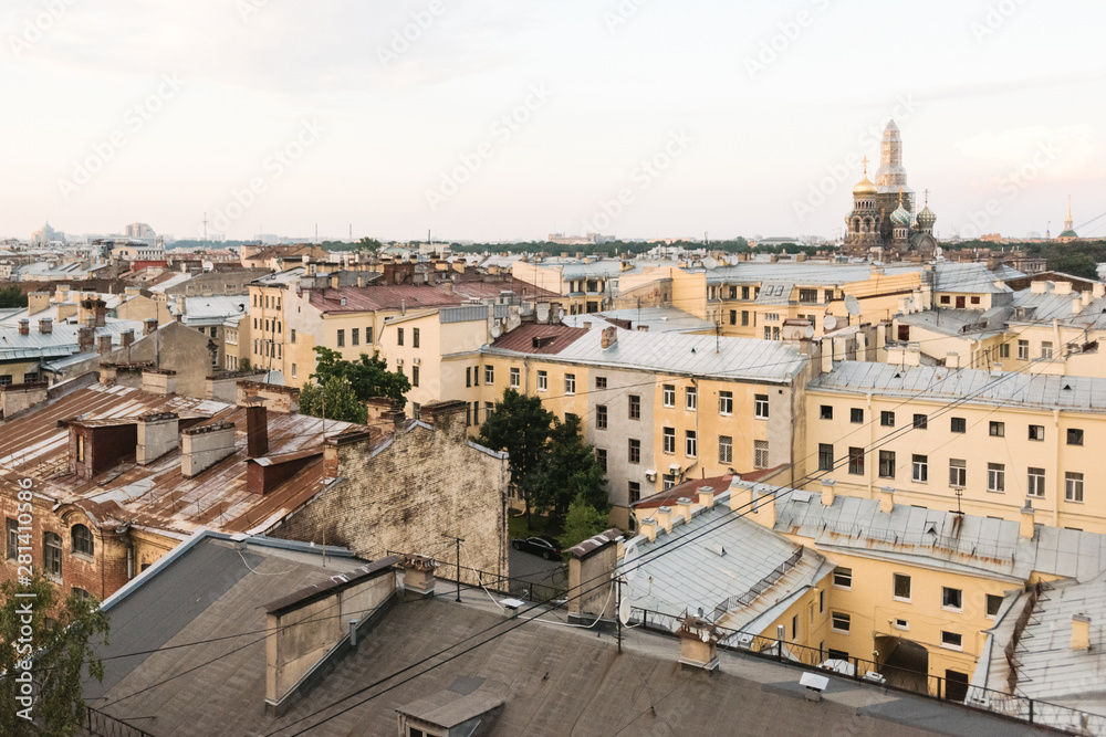 view of the rooftops of St. Petersburg and the restoration of the Cathedral of the Savior on Blood