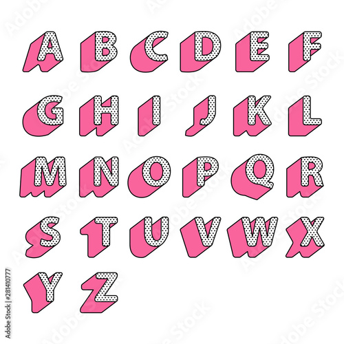 Set of pink cute english alphabet capital letters in style polka lol doll surprise on white background