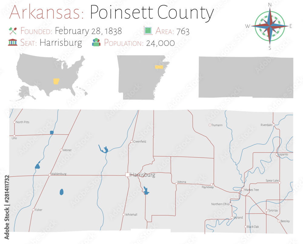 Fototapeta Large and detailed map of Poinsett county in Arkansas, USA