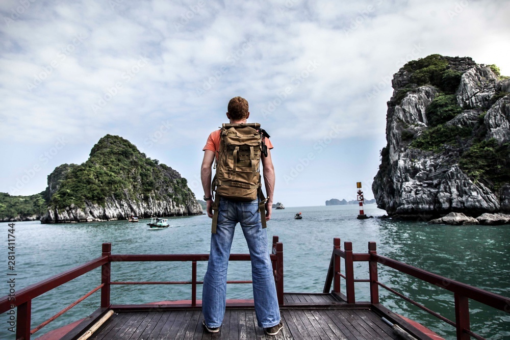 Voyageur Homme de dos regardant la baie d'Halong Voyageur Homme de dos regardant la baie d'Halong