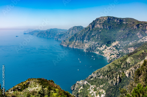 Aerial view of Positano town and Amalfi coast from hiking trail "Path of the Gods".