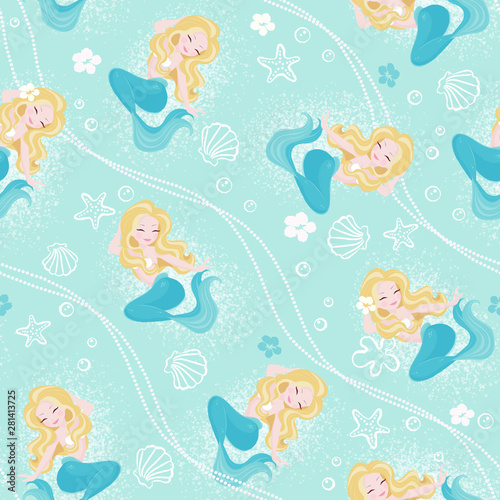 Turquoise pastel mermaid pattern for kids fashion artwork  children books  prints and fabrics or wallpapers. Fashion illustration drawing in modern style for clothes. Blonde mermaid.