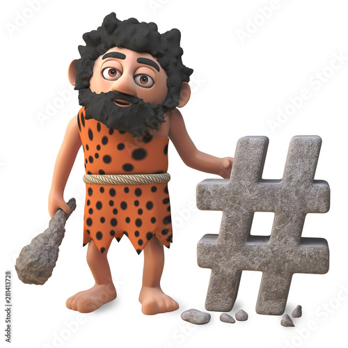 3d cartoon cavman character has made another hash tag internet social media post, 3d illustration
