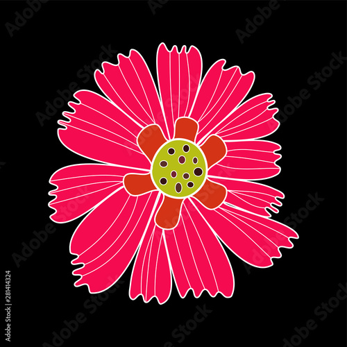 Design element flower pink bloom with yellow target white contour on black background