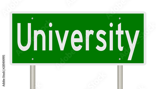 Rendering of a green highway sign for University