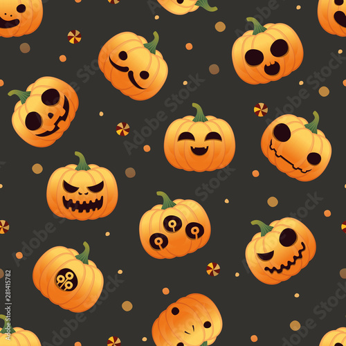 Seamless pattern with pumpkins Halloween sets on black background, vector