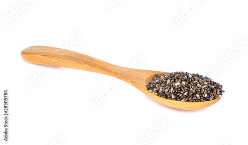 chia seeds in wood spoon on white background