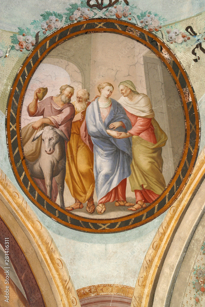 Obraz premium Visitation of the Virgin Mary, fresco on the ceiling of the Saint John the Baptist church in Zagreb, Croatia