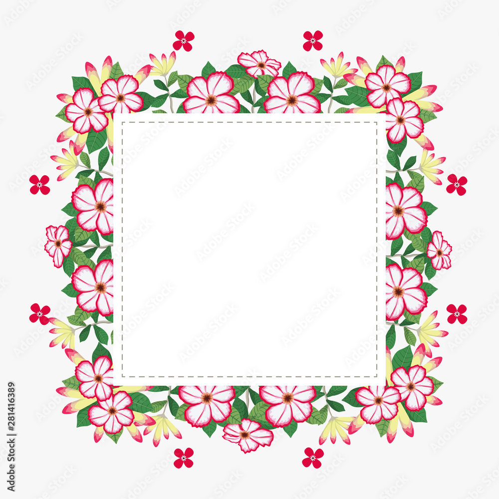 Floral greeting card and invitation template for wedding or birthday anniversary, Vector square shape of text box label and frame, Azalea flowers wreath ivy style with branch and leaves.