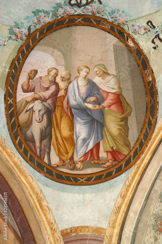 Visitation of the Virgin Mary, fresco on the ceiling of the Saint John the Baptist church in Zagreb, Croatia